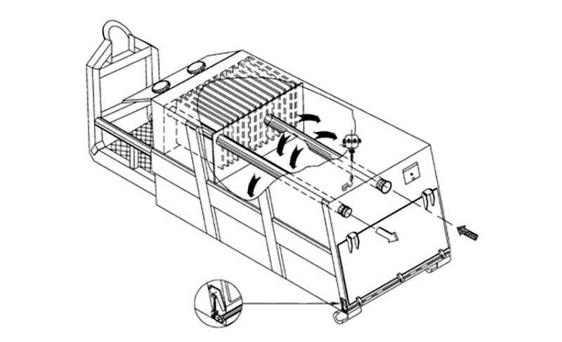 Line-drawn technical illustration of the BEAL filter separator, showing internal airflow, component layout, and the dust separation and emptying mechanisms used in industrial vacuum systems.